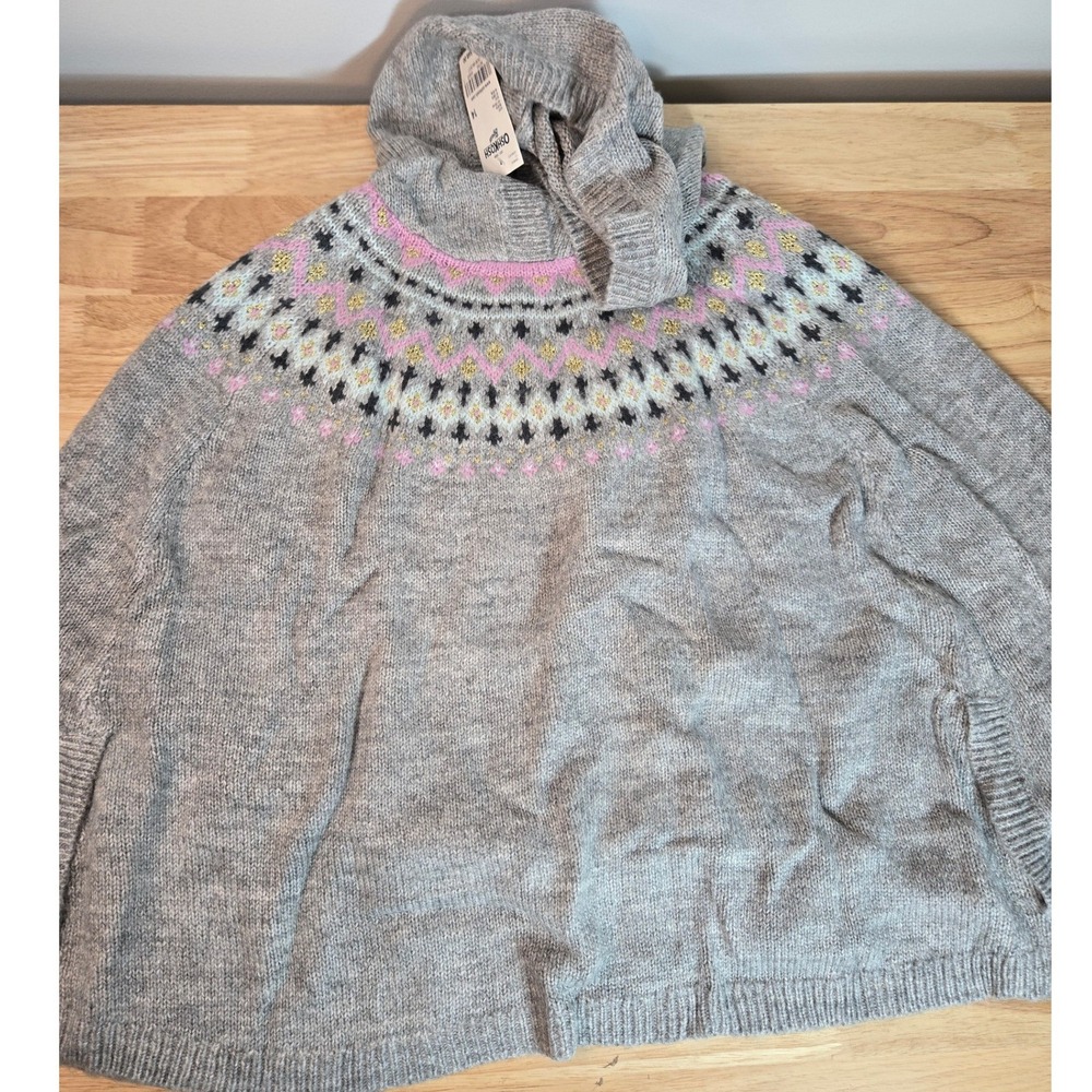 OshKosh Bgosh Girls Grey Fair Isle Hooded Knit Poncho Sweater Gold Sparkle 14